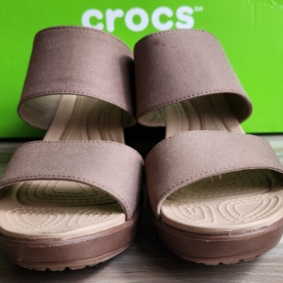 Crocs Leigh 2 Strap Wedge Sandals 11w Bronze Dual Comfort Women's Fashion Shoes - Picture 3 of 16